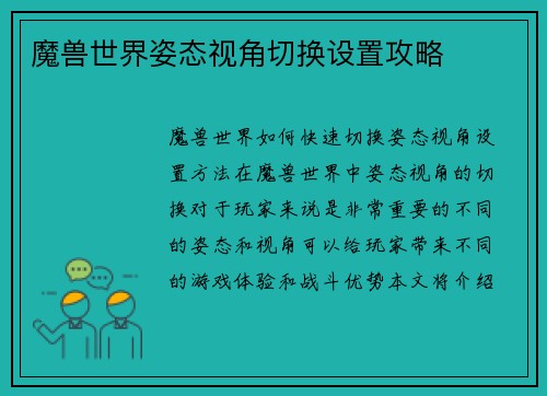 魔兽世界姿态视角切换设置攻略